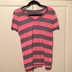 Pink & Grey striped V-Neck